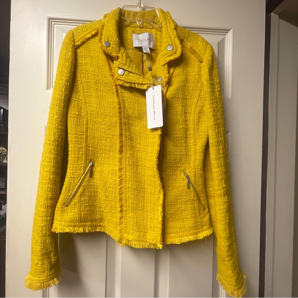 Carolina Belle Montreal Moto Jacket Sunflower Yellow Tweed Frayed Trim Women XS
